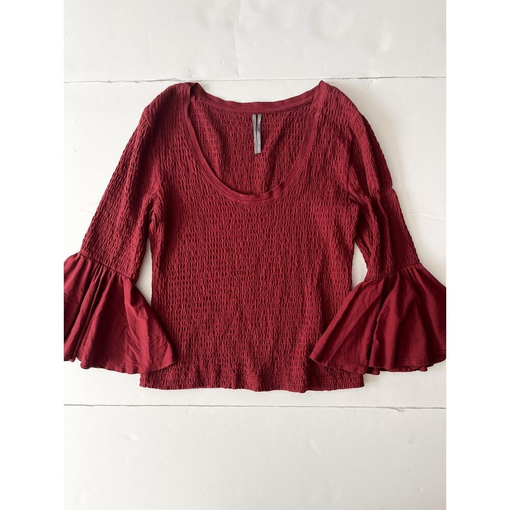 Anthropologie Shirt Womens M Maroon Red Smocked Bell Sleeve Scoop Neck Knit Top